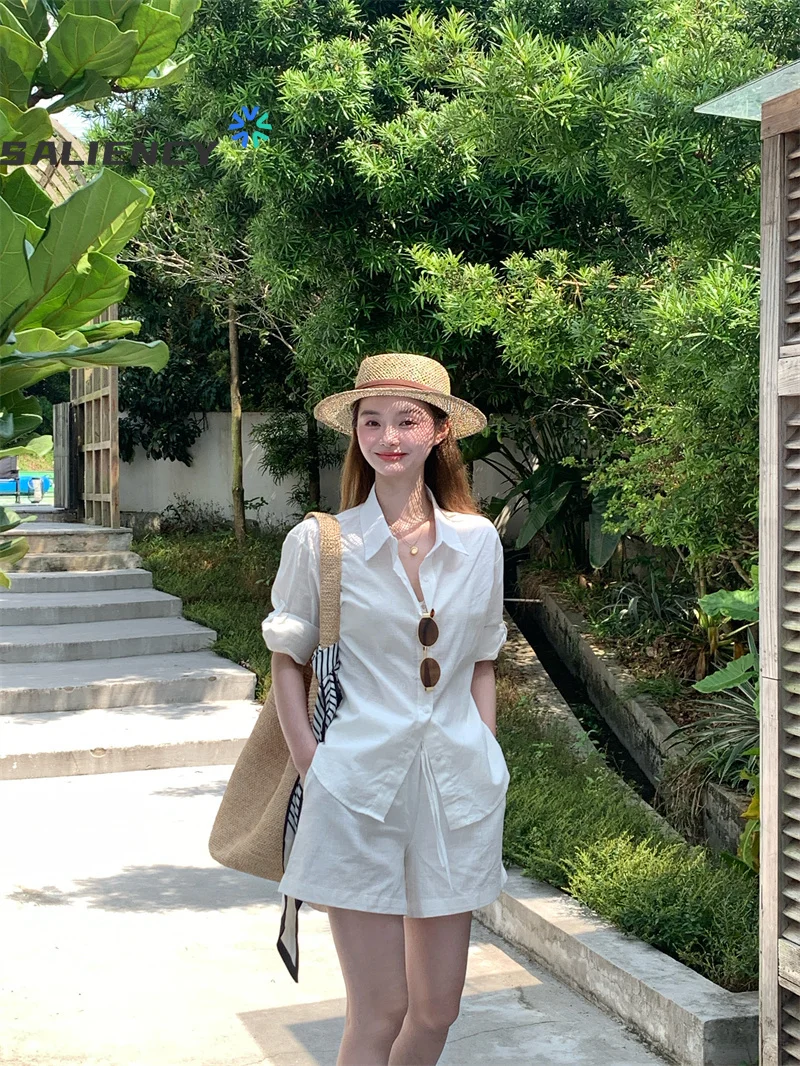 

SALIENCY комплекты для женщин, спортивный костюм из 2 предметов, летние шорты, рубашка, свободный спортивный костюм, топы в корейском стиле, комплекты с шортами