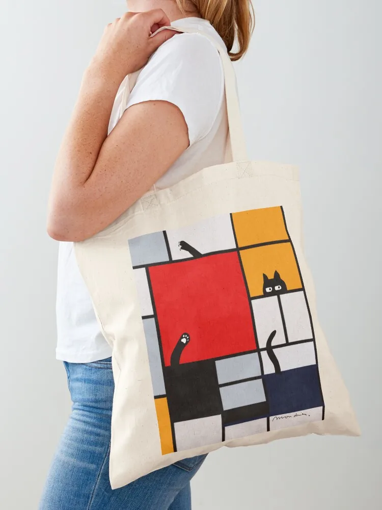 

mondrian painting plus cat Tote Bag Handbags women shopping trolley bag custom canvas bag Portable shopping
