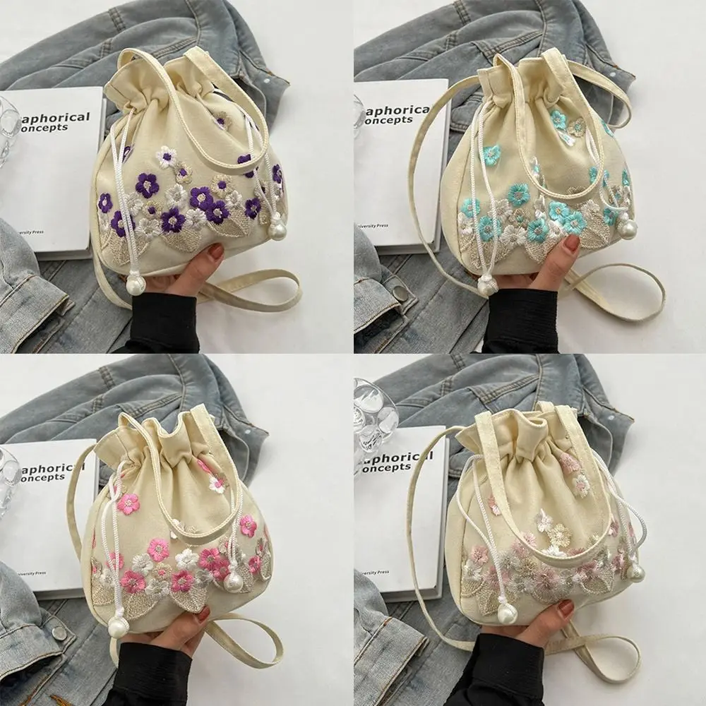 Female Girls Embroidered Flower Women\'s Handbags Fashion Single Shoulder Large Capacity Bucket Bag Crossbody Bag