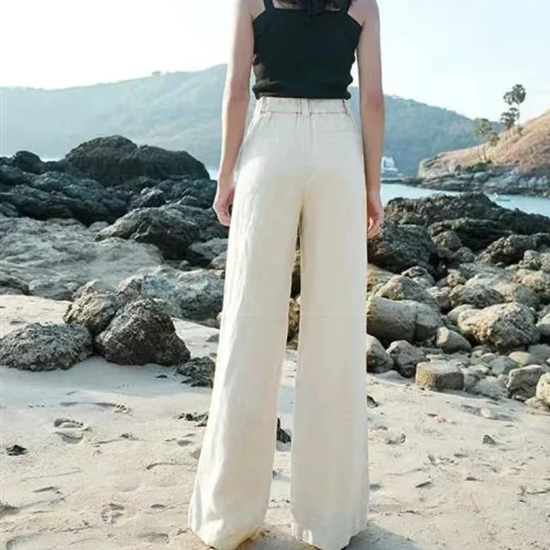 Summer Baggy Cotton Linen Pants Women Elegant High Waist White Wide Leg Pants Woman Casual Loose Straight Full Trousers Female