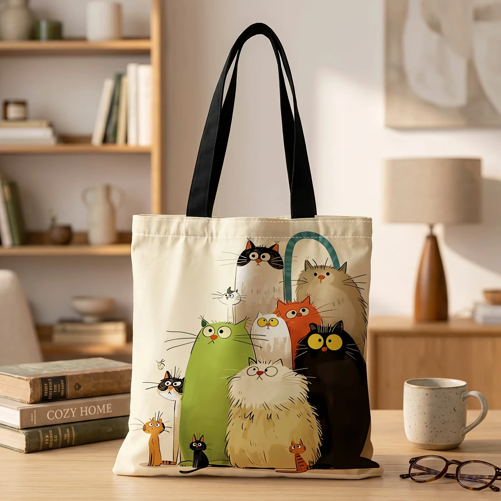 2D Printed Handbag with Purrfect Cat Crew Pattern, Reusable Fashion Shoulder Bag Shopping Tote Bag Suitable for Shopping Office