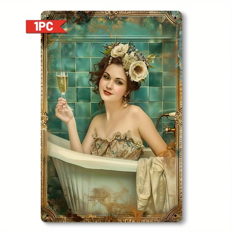 Room Decor 1920s Elegant Lady Drinking Champagne in Bathtub Metal Sign, Vintage Tin Painting, Bathroom Mural, Unique Print, Suit