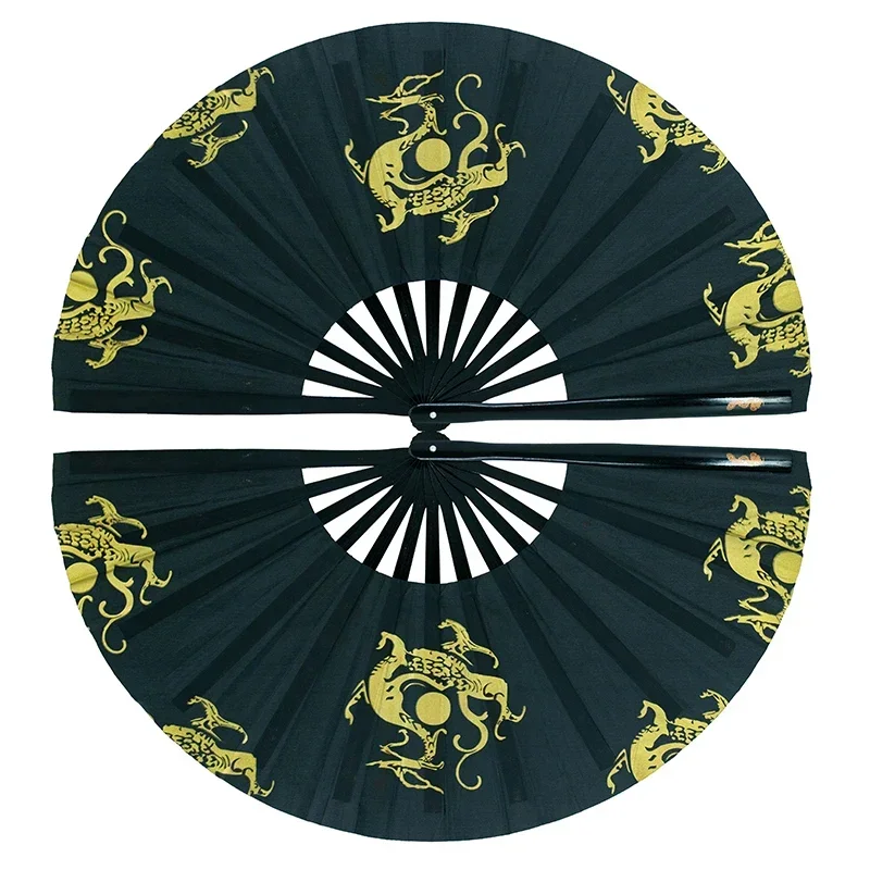 Kun Master 34 Cm  Bamboo Chinese Kung Fu Tai Chi Fan With Dragon And Chinese Word Design Black