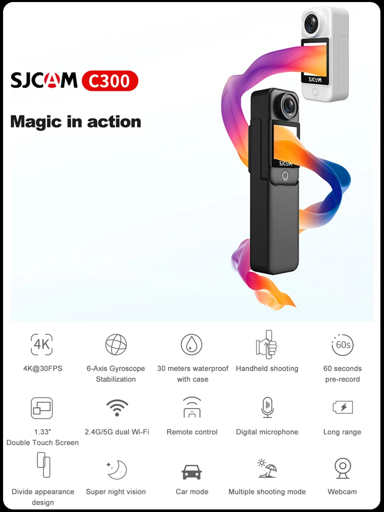 SJCAM C300 Pocket Action Camera 4K 30FPS 6-Axis GYRO Image Stabilization Super Night Vision 5G WiFi Remote Webcam Waterproof