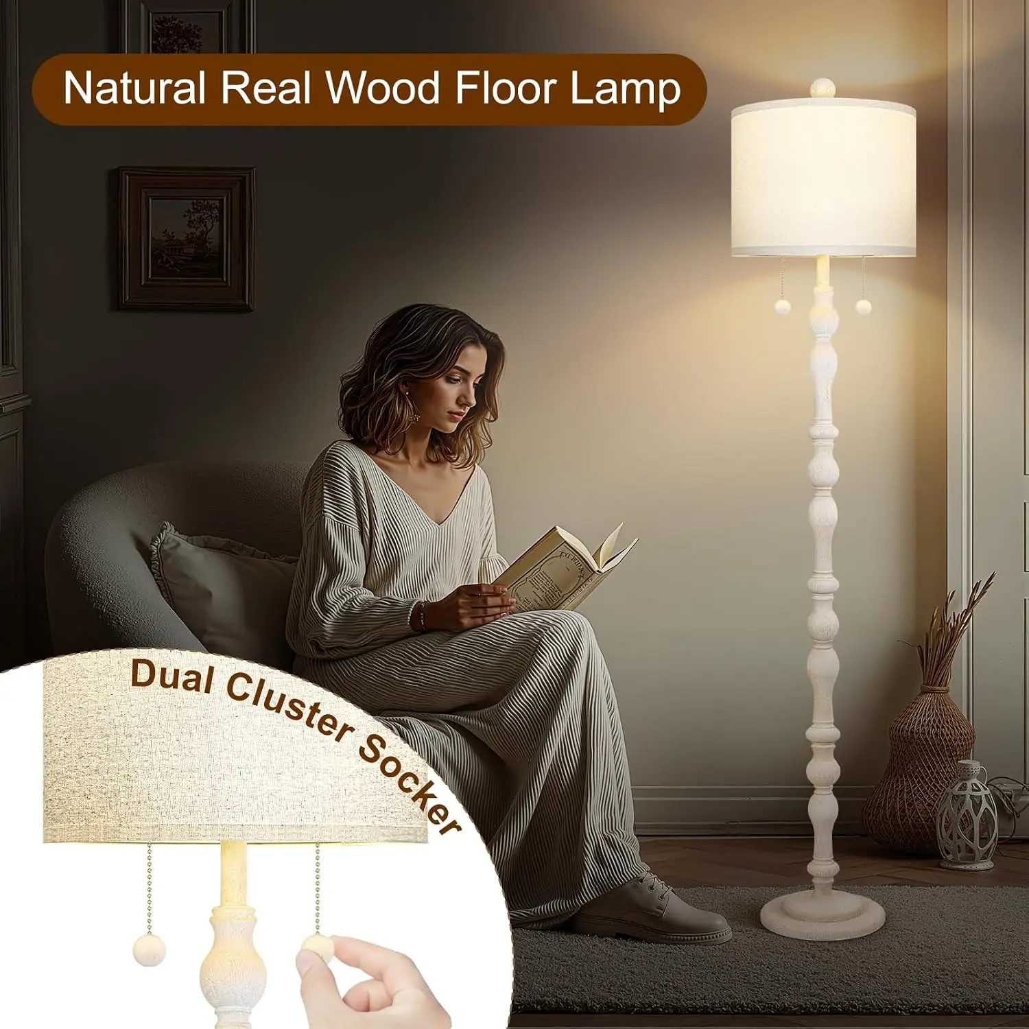 Scenekoy 65.5” Natural Real Wood Floor Lamp for Living Room Bedroom, Dual S Cluster Socket, Pull Chains Switch, Farmhouse Tall S