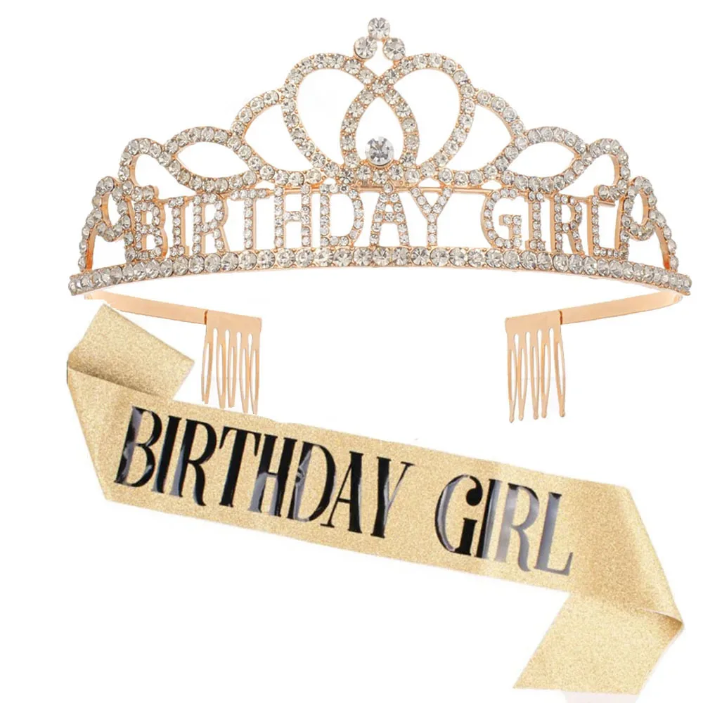 Alles Gute zum Geburtstag Krone Mädchen Tiara Geburtstag Prinzessin Geburtstag Königin Schultergurt Schärpe Set Prinzessin Mädchen Geburtstag Party Dekor – Detail 6