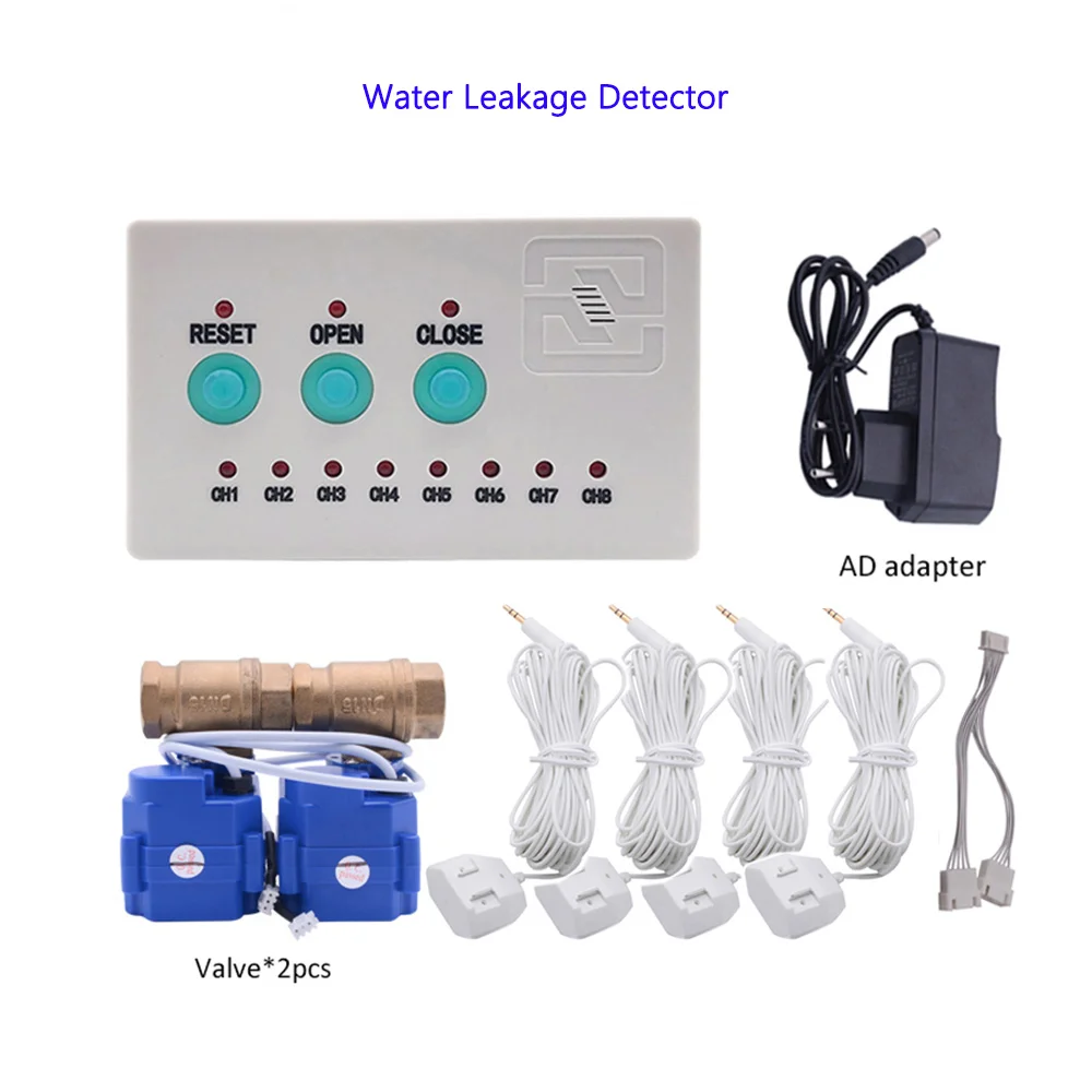 Sensor kebocoran air untuk sistem Alarm kebocoran banjir rumah pintar dengan 2 buah DN25/DN20/DN15 detektor kebocoran katup (4 buah kabel)