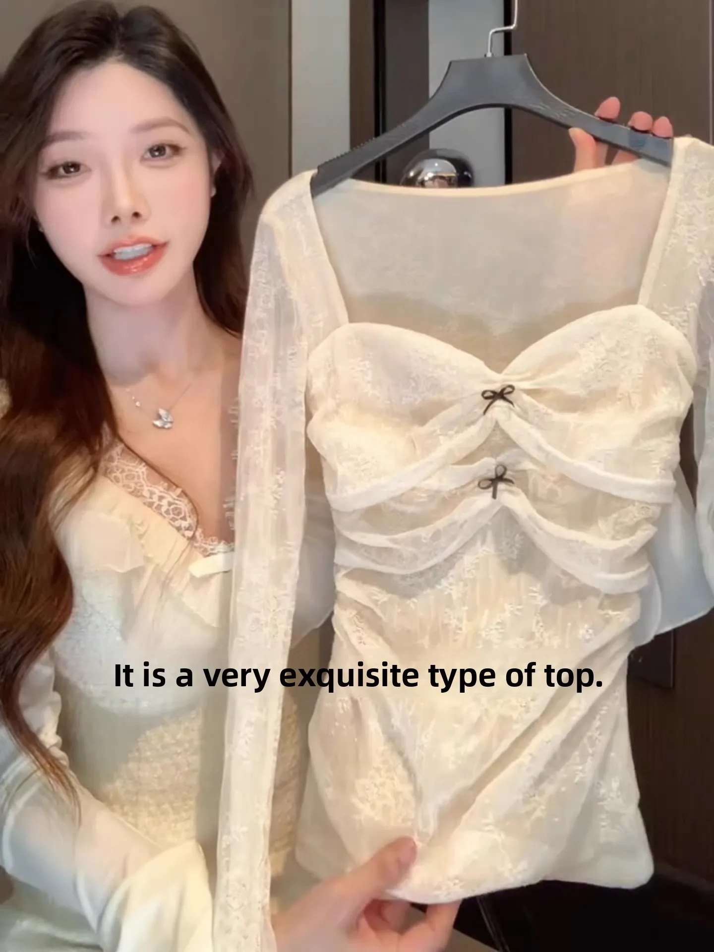 

Sweet And Spicy Long Sleeve T-Shirt Women's Spring Fashion Lace Texture Base Shirt Knot Gauze Folded Top