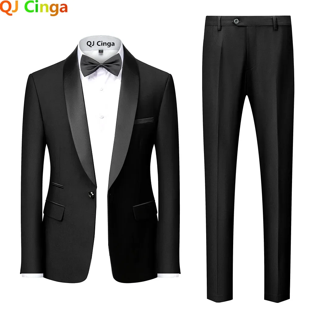 Black Men Color Block Collar Suits, Business Casual Jacket Trousers, Asian Size Blazers Coat Pants, Blue Men's 2 Pieces Set