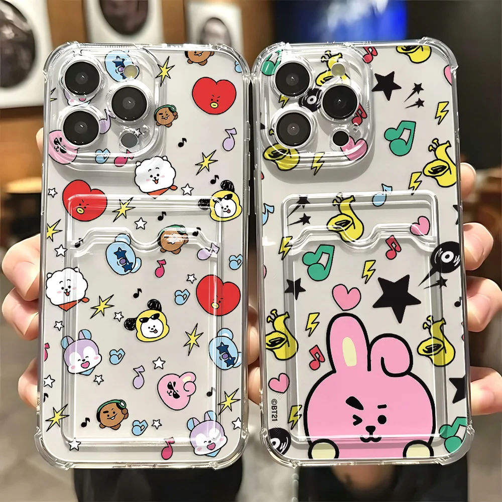 Cartoon B-BTS Card Hold Case For iPhone 17e 17 16e 16 15 14 13 12 11 Mini Pro Max X XR XSMax 7 8 Air Plus Anti-fall Clear Cover