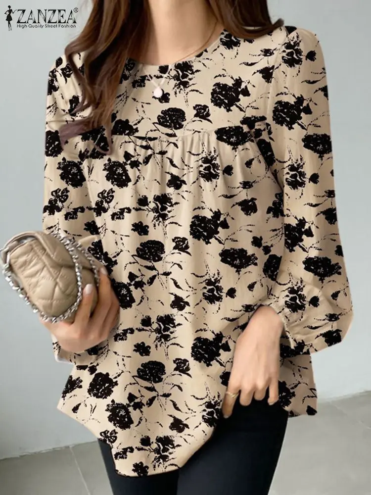 Fashion Spring Blouses ZANZEA Elegant OL Work Shirt Women Long Sleeve Floral Printed Tops Tunic Casual O Neck Blusas Mujer Femme