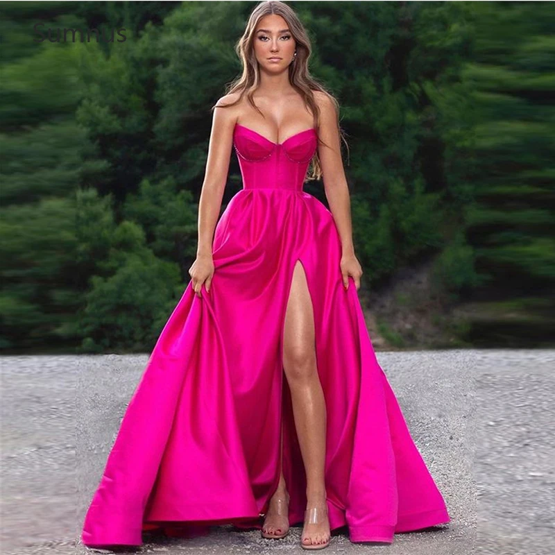 Customized Stain Prom Dresses High Side Slit Strapless Long Floor Length Robes De Soiree Evening Dresses Party Dresses