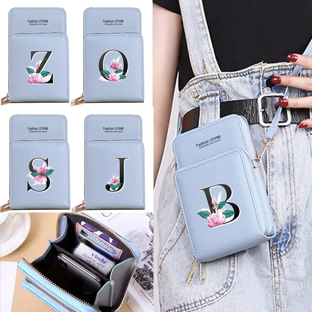 Pu Leather Mobile Phone Bags Women's Wallets Touch Screen Cell Phone Pack Whitemarble 26 Letter Print Purse Female Shoulder Bag