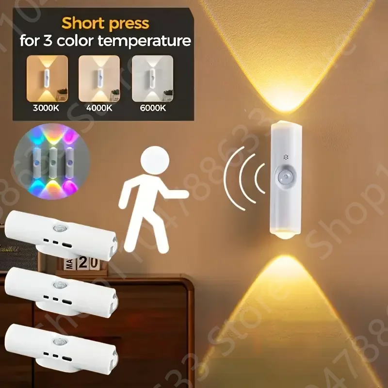 Led dupla cabeça sensor de movimento luz rgb gradiente luz noturna recarregável lâmpada de parede magnética para armário corredor escada