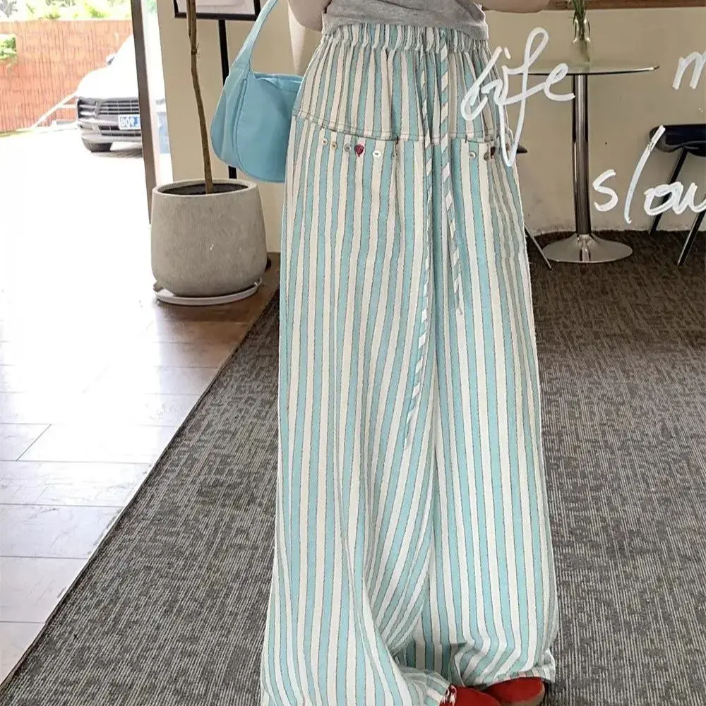 

Elastic Waist Fashion Vintage Green Striped Straight Trousers 2024 Summer New Wide Leg Pants Grunge High Waist Loose For Women