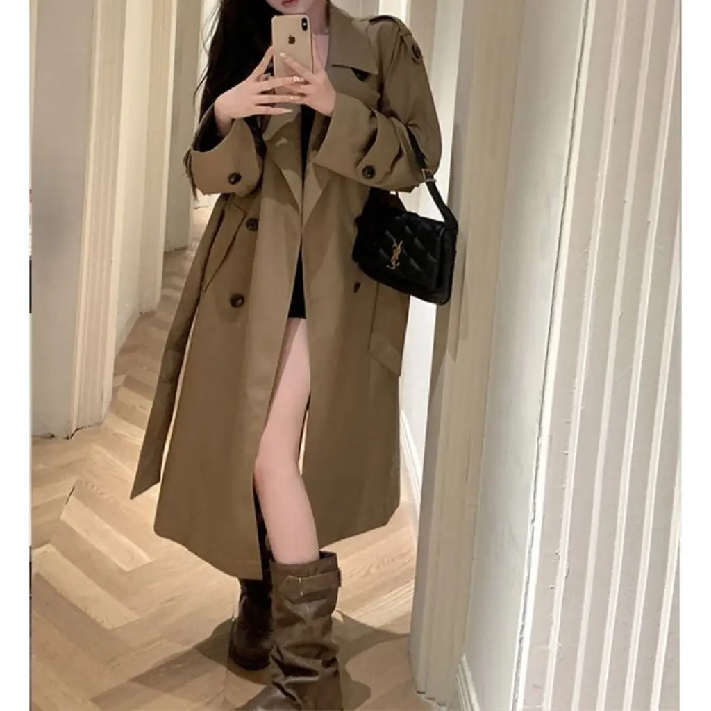 

Women's Khaki Lapel Coat Large Size British Style Loose Strap Elegant Long Cardigan Over-the-Knee Spring Autumn Wear