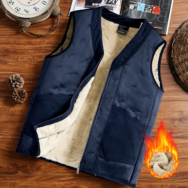 Autumn and winter thickened fleece vest, men's warm vest, large size solid color all-in-one trend middle-aged and elderly sleeve