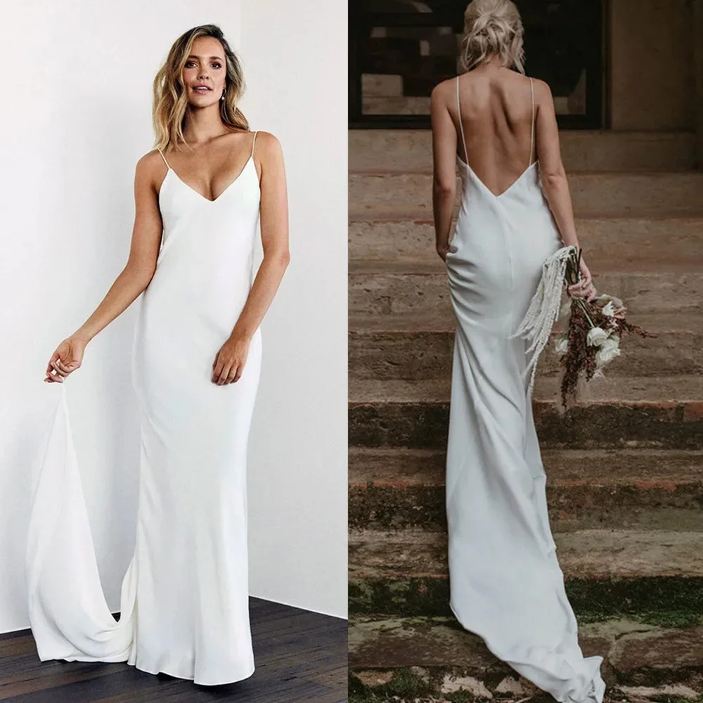 

VENSANAC Simple Deep V Neck Chiffon Mermaid Wedding Dress Spaghetti Straps Backless Sweep Train Bridal Gown