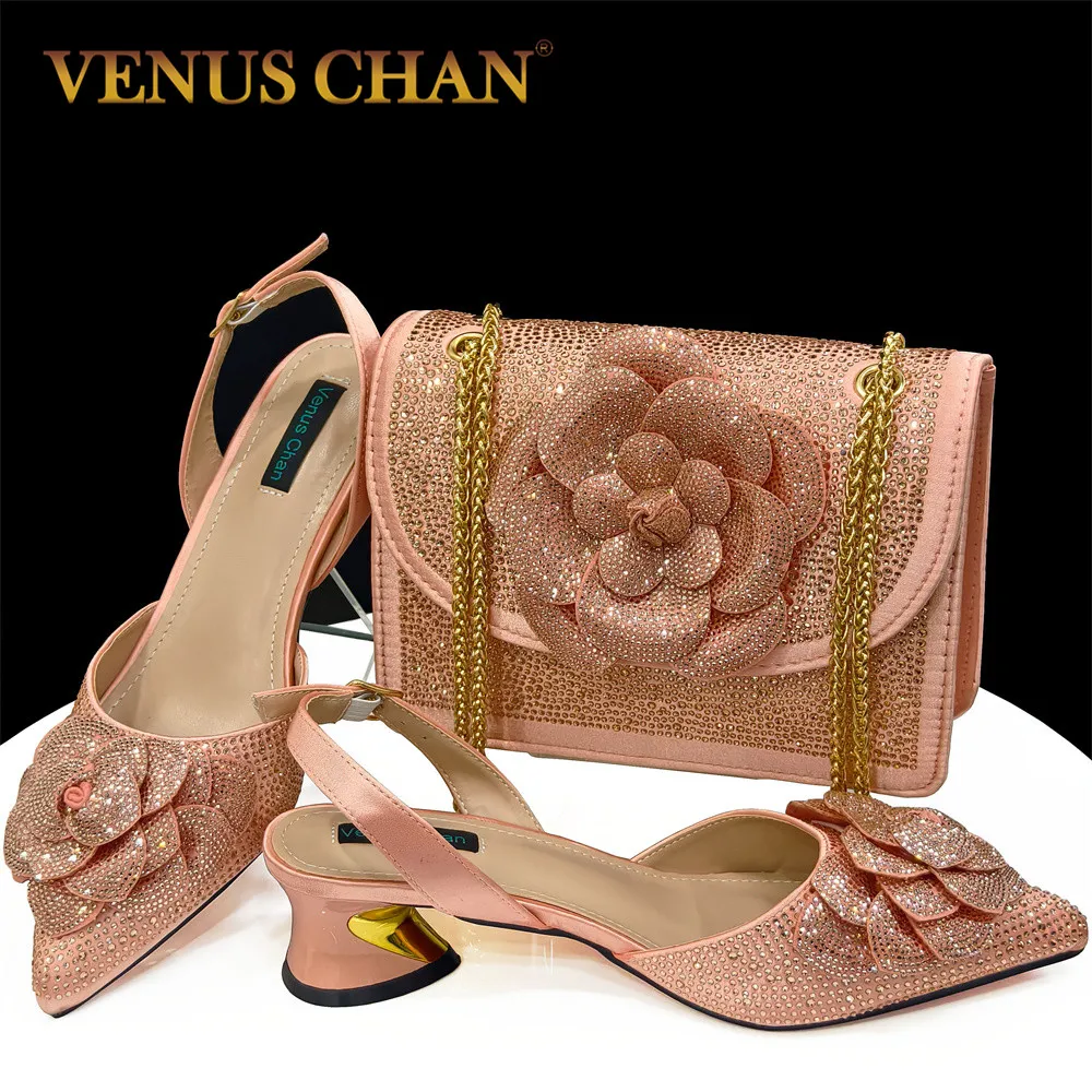 Venus Chan Evening Shoes and Bags Set with Full Diamond Handmade Petal Clutches Pointed Toe Peach Color Mid-Heel Women Shoes