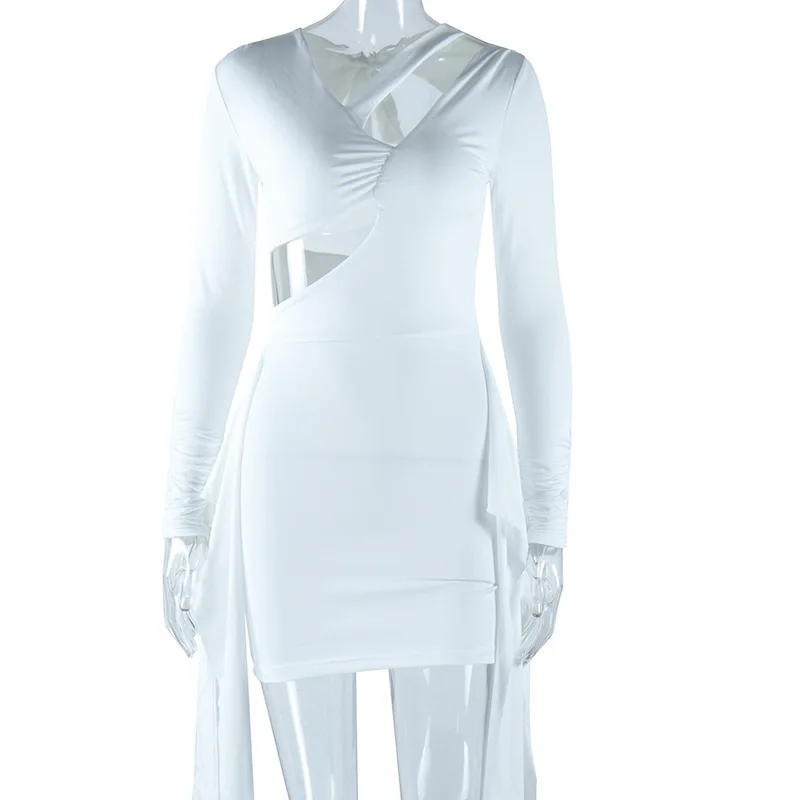 Bangniweigou 풀 슬리브 섹시한 컷 v 넥 백 레스 스트랩 미니 드레스 여성 봄 캐주얼 bodycon 화이트 리본 cinched streetwear