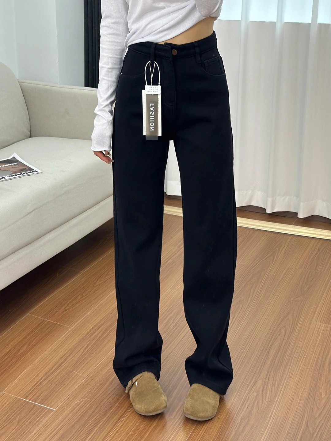

Bla High Waist Thiened Straight Leg Jeans Men's Autumn Winter Warm Micro Flared Pants Visual Long Leg Effect Knife Pants