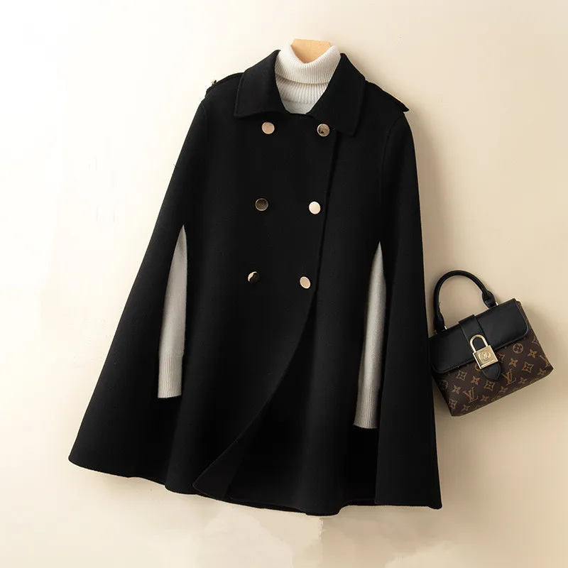 UHYTGF Mid Long Bat Cape Wool Coat Women High-End Double Sided Cashmere Autumn Jacket Female Fashion Casual Ladies Outewear 2029