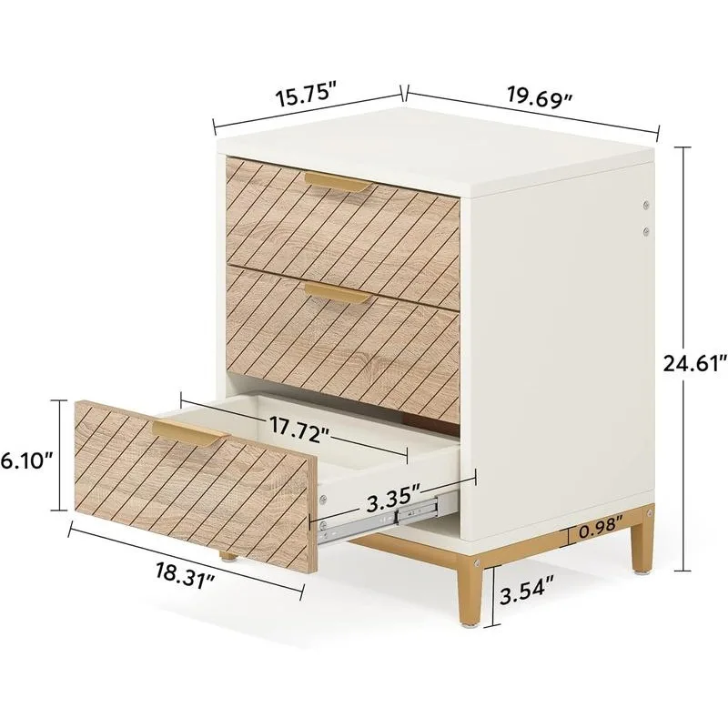 Tribesigns Night Stands for Bedrooms, White and Gold Light Wood Grain Nightstands with 3 Drawers