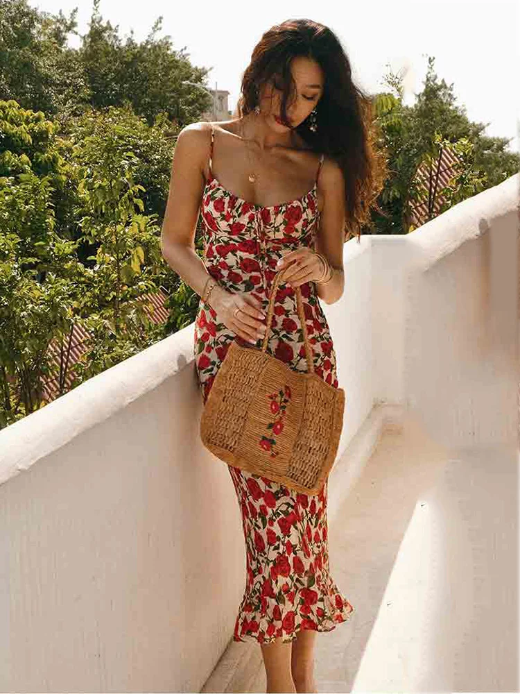 Rose Red Flower Printed Black Bodycon Summer Dress Women 2024 Beach Boho Maxi Slip Sundress Ruffles Sleeveless Long Floral Dress