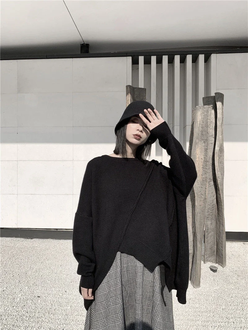 UMI MAO Yamamoto Dark Irregular Sweater Designer Fashion Black Thickening Loose Top Female Y2K Dresses For Women Casual Tops