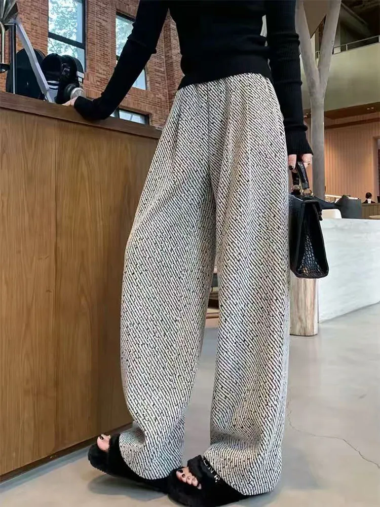 Striped Wide Leg Pants for Women Winter Thick Warm Loose Casual Pants Bf Korean High Waist Lazy Style Straight Trousers