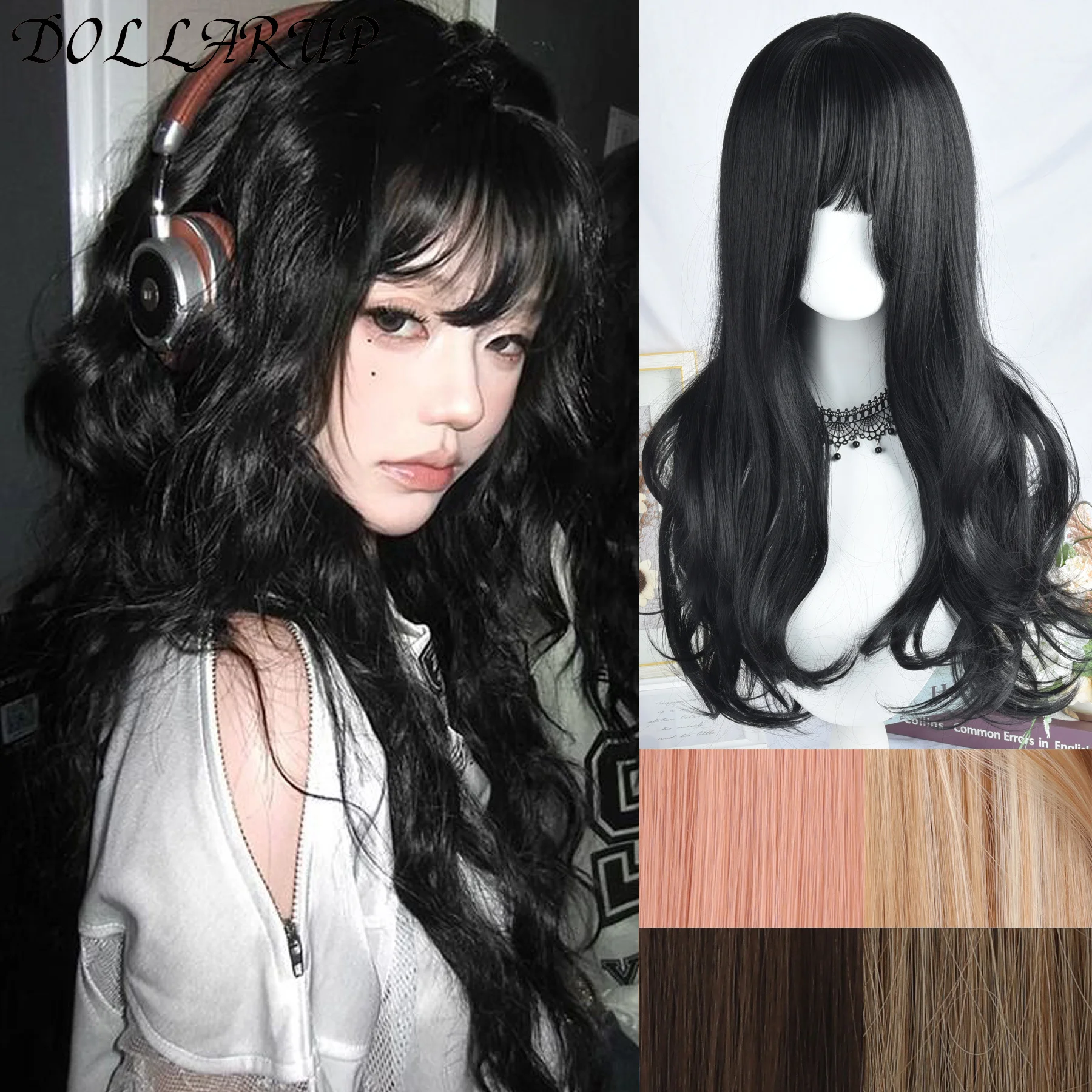 

DOLLARUP Lolita Black Wig for Women Long Wavy Hair 65cm Curly Wig with Bangs Cosplay Headband Wigs Synthetic Wigs for Daily Use