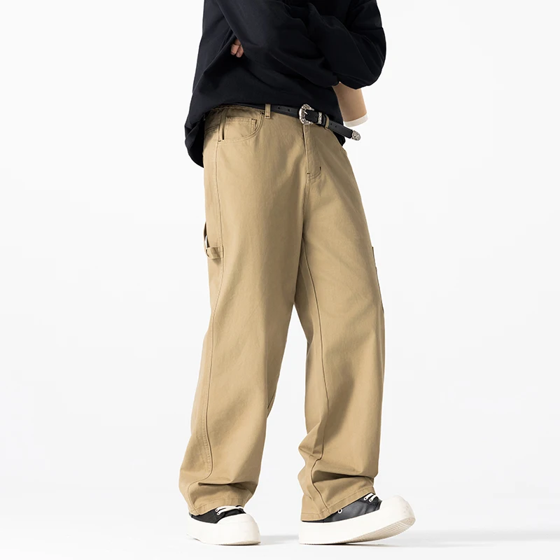 الراقية جودة اليابانية مستقيم الساق السراويل البضائع الرجال موضة فضفاضة الرجال السراويل جيب بسيط واسعة أرجل بناطيل كاجوال #3