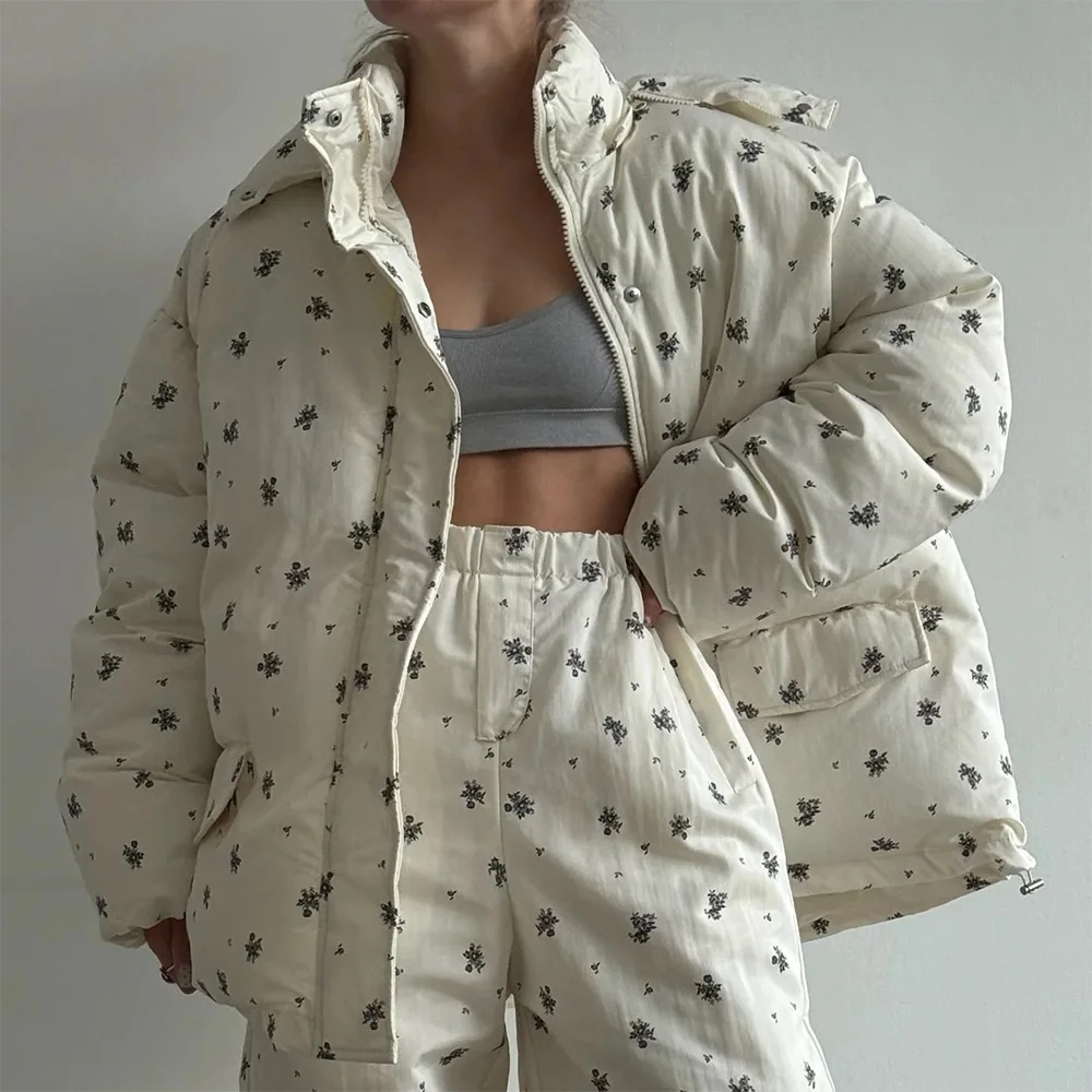 Blooming Women's Padded Quilted Coat and Pants Set with Drawstring Winter Daily Commute Campus Trendy Warm Soft New Luxe Coats