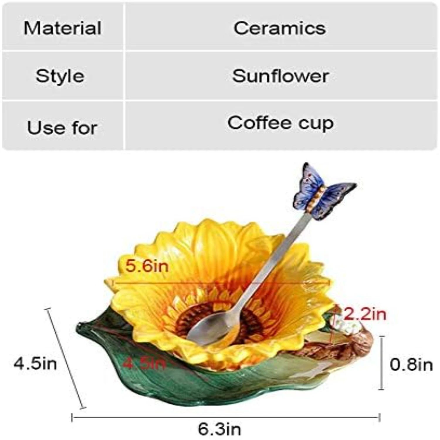 Sunflower Design Tea Cup & Saucer Set with Spoon - Enamel Porcelain Mugs