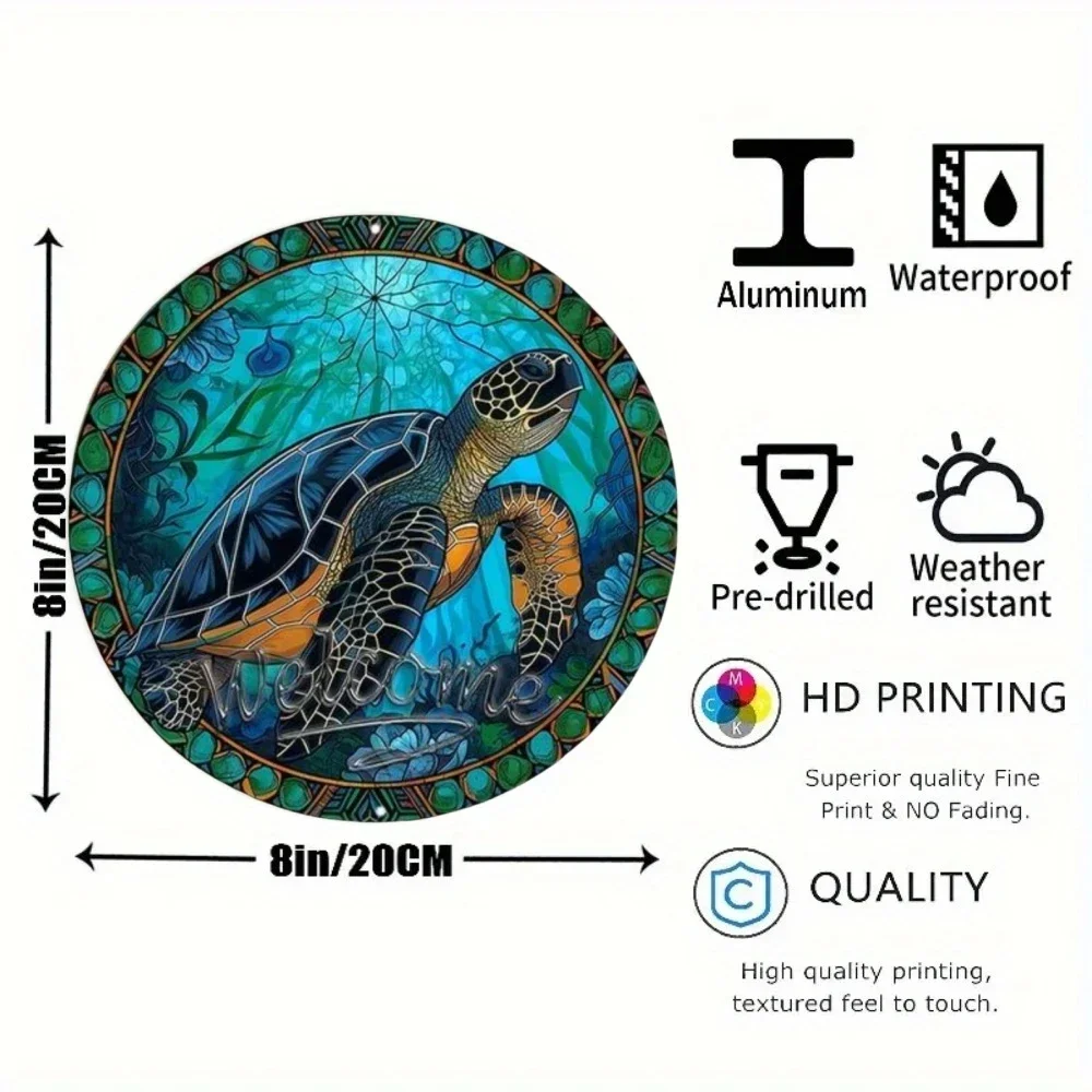 Round Metal Aluminum Sign Funny Beach Shark Theme Art Desktop Decorative Plates for Bar Cafe Club Yard Home Office Wall Decor