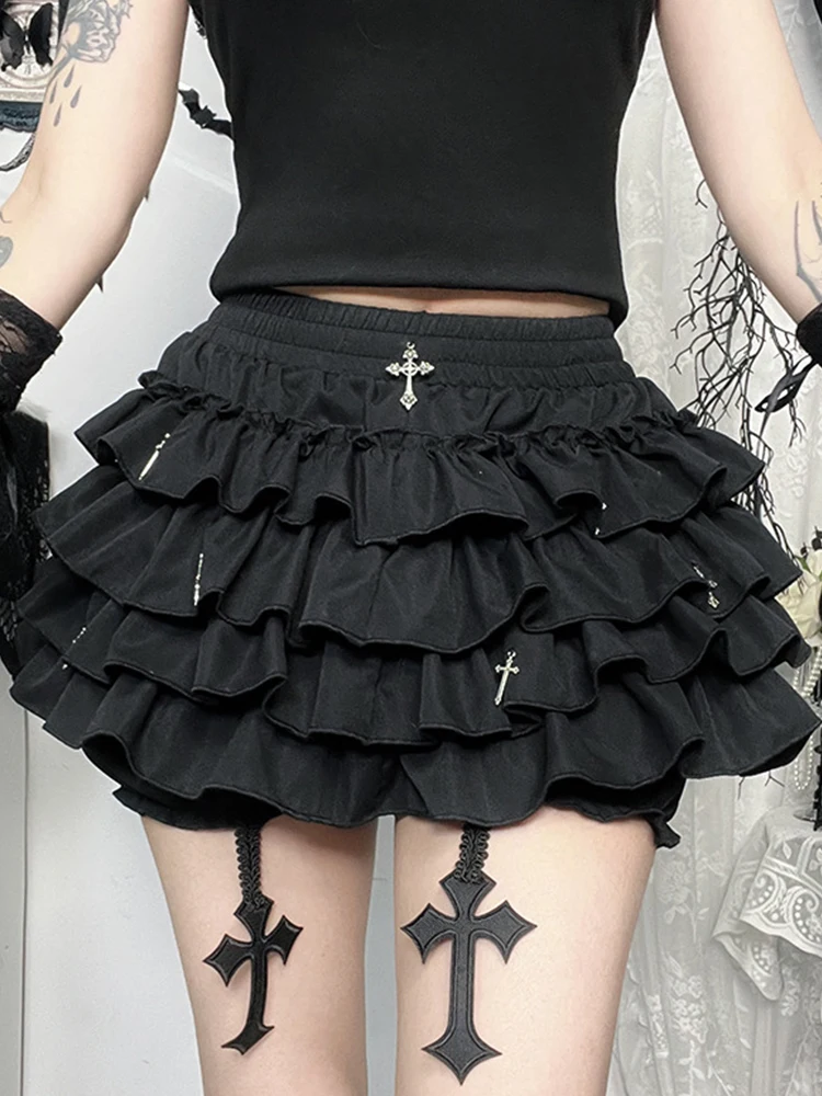 Layered ruffled mini skirt pants with cross pendant, street spicy girl wrapped hip short skirt, gothic punk girl style Y2K