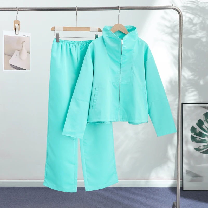 Glänzende Satin-Stehkragen-Mantel-Hosen-Sets für Damen, Streetwear, Langarm-Reißverschluss-Jacke, Weite Hosen, Schickes Damen-Outfit, Neu – Detail 3