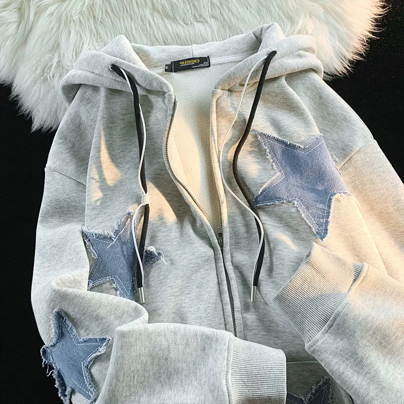 

Retro American Star Embroidery Hoodie Sweatshirt Unisex Design Sensation Trendy High-End Feel Open Cardigan Outerwear