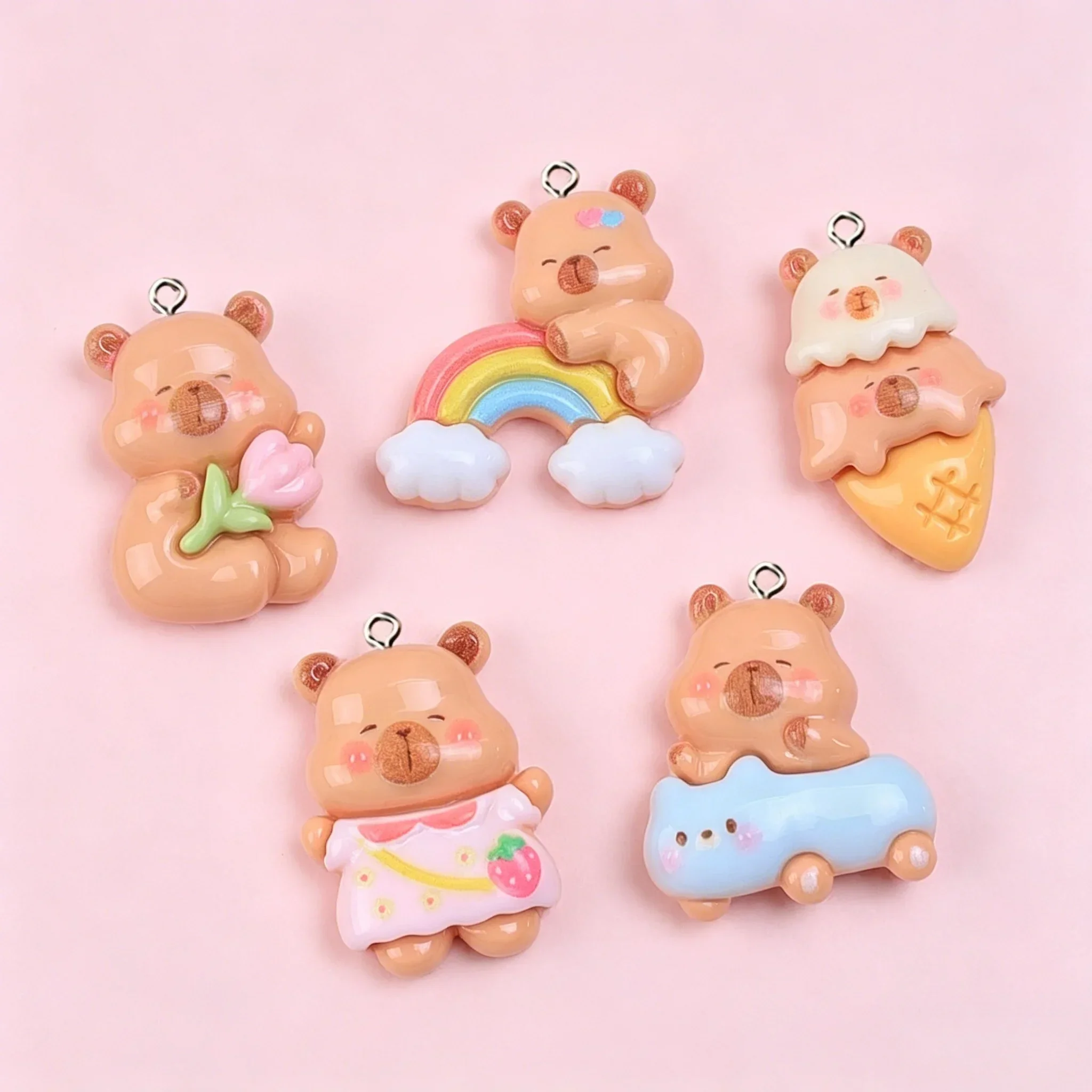 10Pcs Rainbow Floral Capybara Resin Charms Cute Kawaii Animal Pendants DIY Craft Findings for Keychain Earrings Jewelry Making