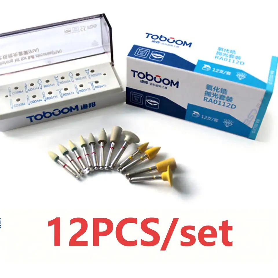 12 Pcs Box Toboom Dental Ceramic Polishing Burs RA Handpiece Zirconia Diamond Rubber Polishers Set for Occlusion Grind