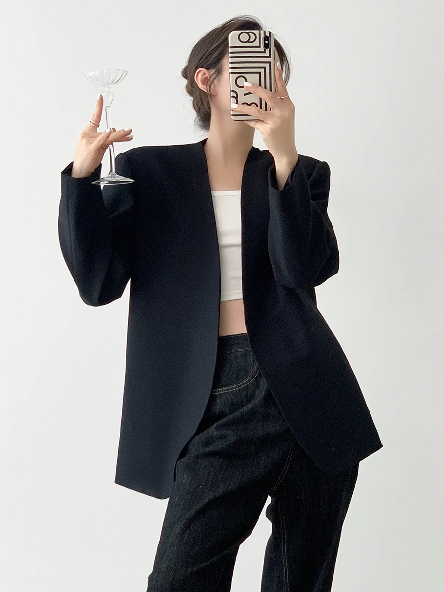 

Bla повседневный женский костюм с воротником-дуэтом, весна-осень, элитный свободный крой, длинный све, чистый цвет