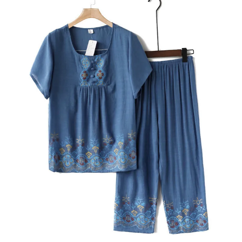 Pyjama brodé en coton et lin pour femme d\'âge moyen, ensemble deux pièces, vêtements de nuit élégants, vêtements d\'intérieur, été