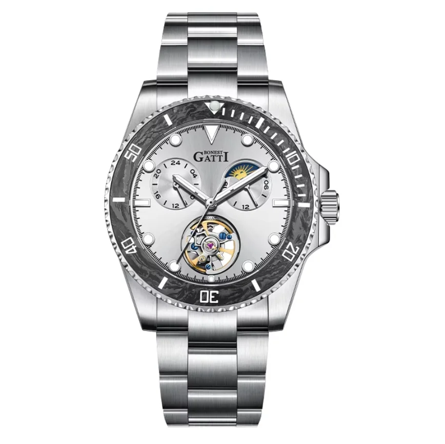 BONEST GATTI Men Automatic Watch Luxury 42mm Mechanical Wristwatch Sapphire Mirror Luminous Carbon Fiber Bezel 24 Hours Sun-Moon