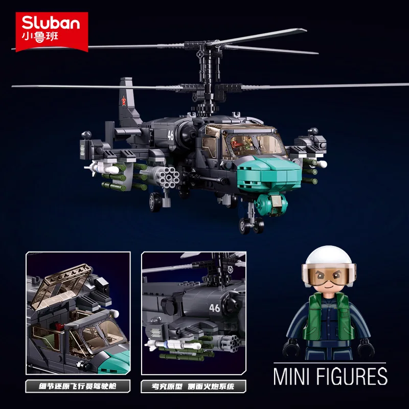 Sluban ka52s gunship helicóptero armado blocos de construção crianças meninos avião diy tijolos educativos brinquedos modelo presente natal