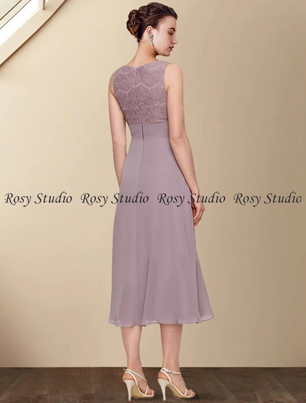 Two Piece A-Line Mother of the Bride Dress with Wrap Jewel Neck Tea Length Chiffon Lace Short Sleeve with Ruched  2024