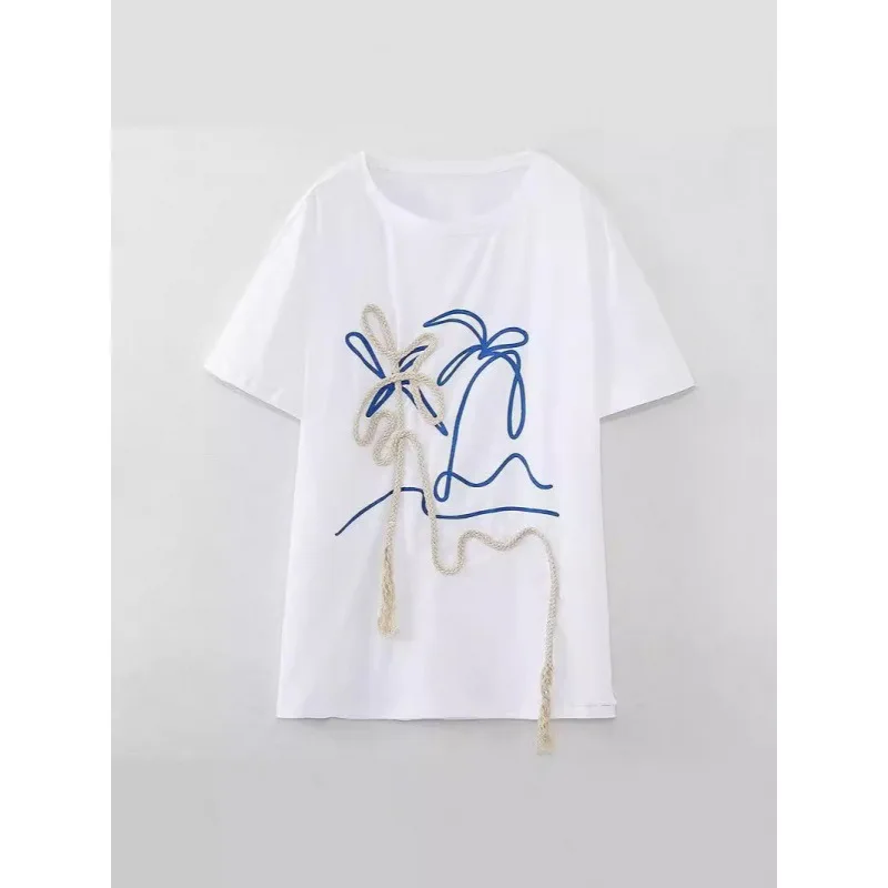 

Women's round Neck Short-Sleeved T-Shirt Contrast Printed Casual Fashion Versatile White European And American Style 24 Styles