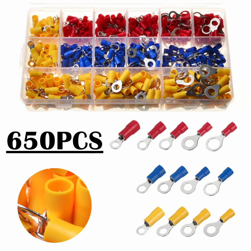 50/650PCS RV1.25 RV2 RV5.5 Geïsoleerde Elektrische Draad Kabel Connectors Ring Lugs Krimpen Terminals Kit