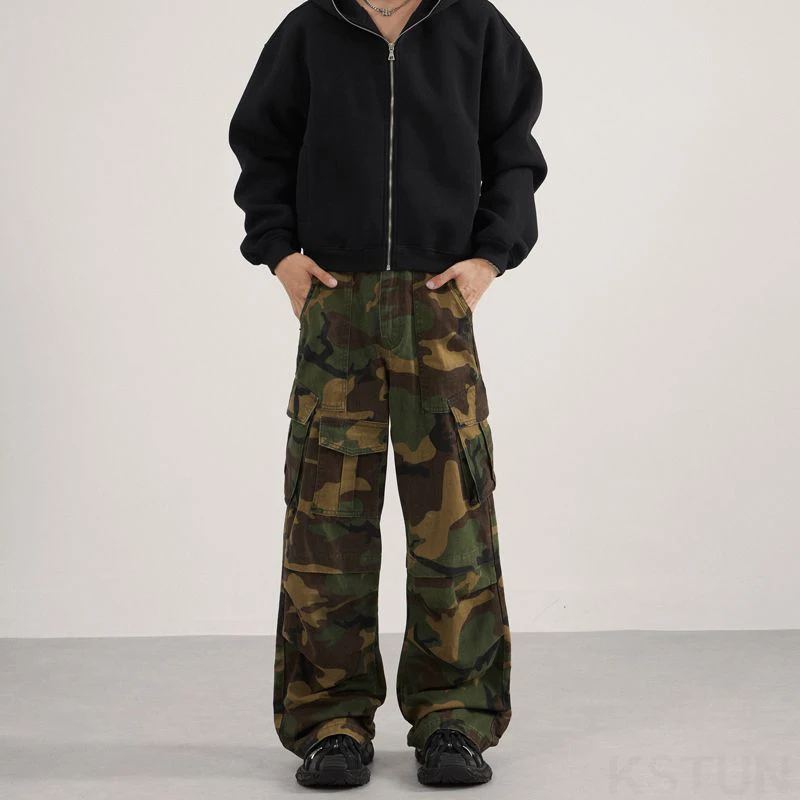 KSTUN Straight Men Wide Leg Pants Camouflage Cargo Pants Multi-Pockets Workwear American Vintage Casual Trousers 100% Cotton