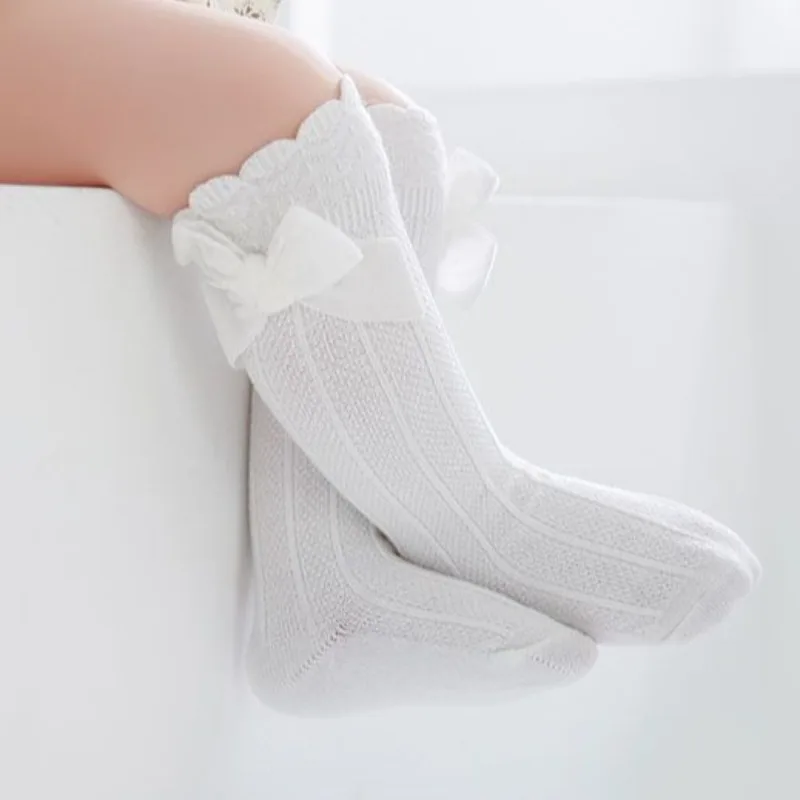 봄 가을 아기 소녀용 하이웨이스트 레이스 리본 프린세스 양말 단색 면 롱존스 미끄럼 방지 인체공학적 디자인