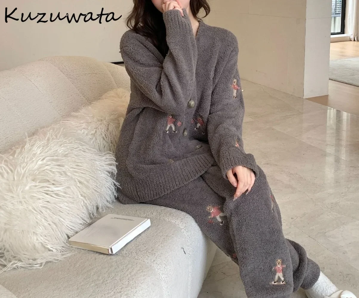 Kuzuwata Sweet V Neck Long Sleeve Pants Lovely Pajama Cartoon Embroidery Print Bear Underwear Japan Lace Up Casual Suits Pajamas